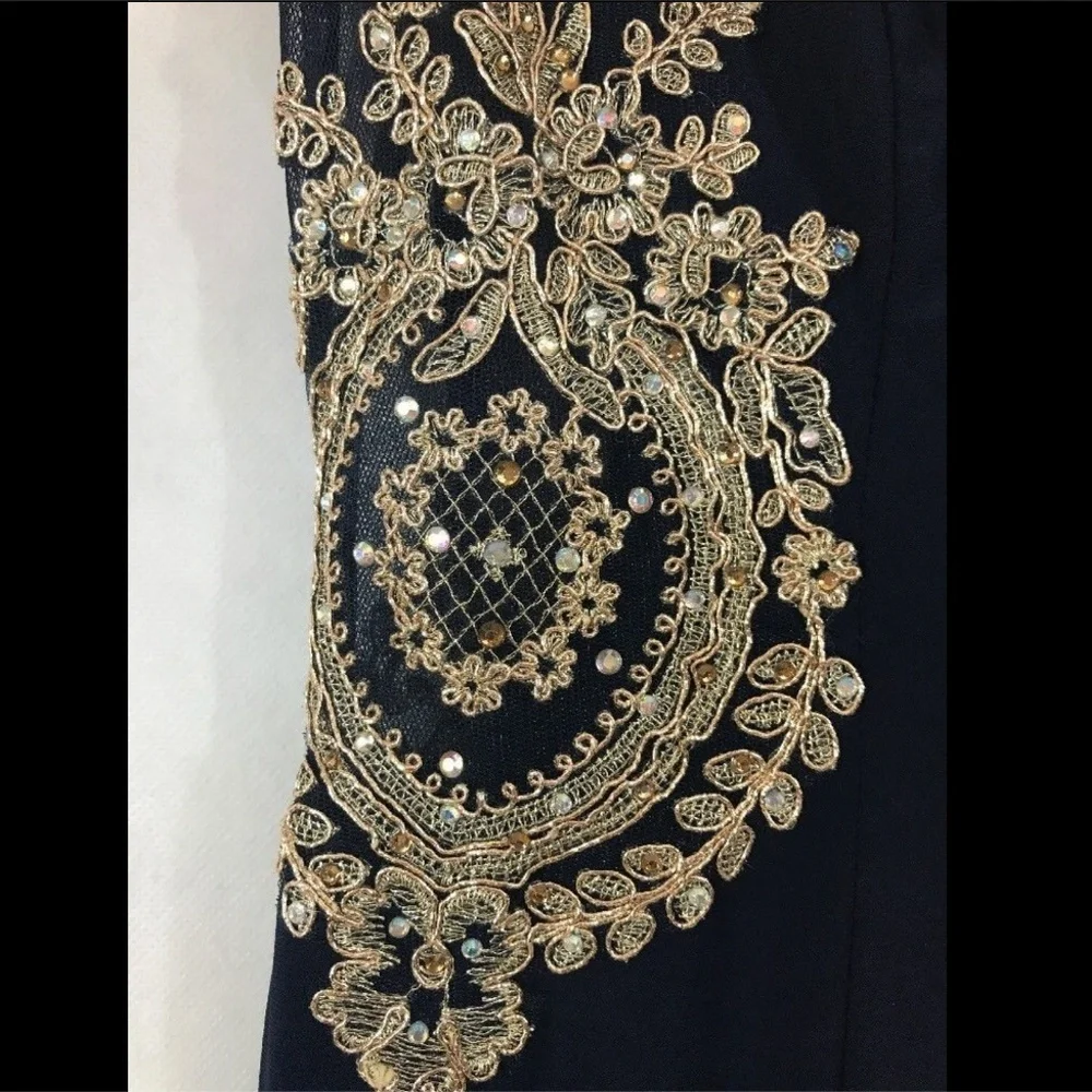 NEW‎ XSCAPE Embellished Jersey Gown in Navy/Gold [SZ 4 ]